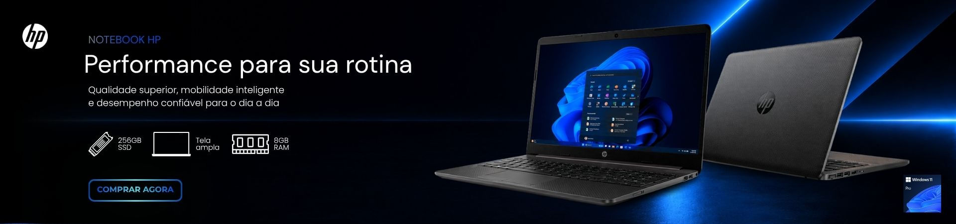 Banner de notebook HP com chamada Performance para sua rotina e destaque para SSD, tela ampla e 8GB RAM.